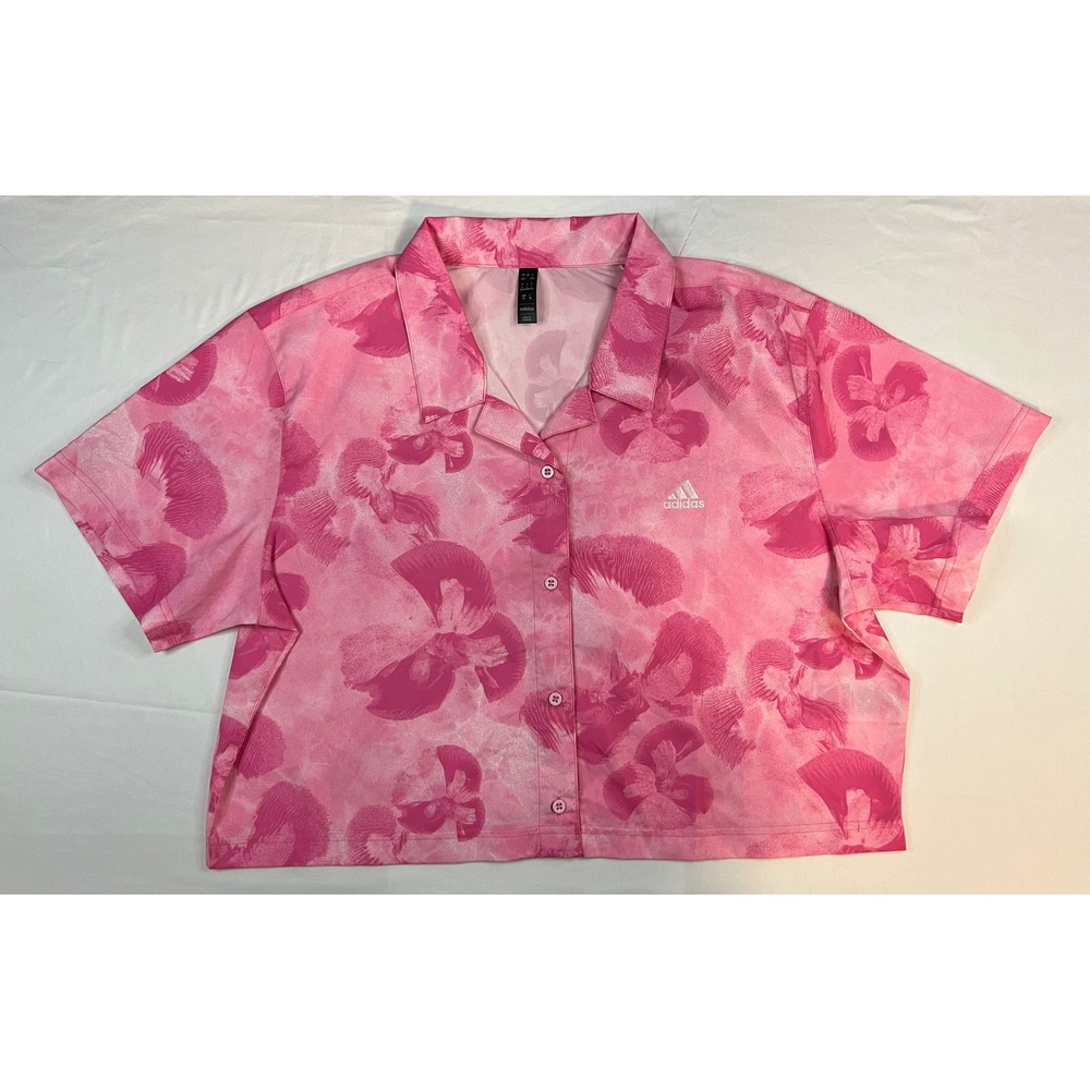 NWT Adidas W AOP Shirt Bliss Pink Floral Button Up Loose Fit Cropped